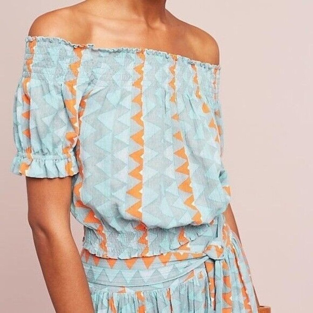 Feather Bone Demetria Smocked Cropped Top Women's S Off Shoulder Cotton Anthro